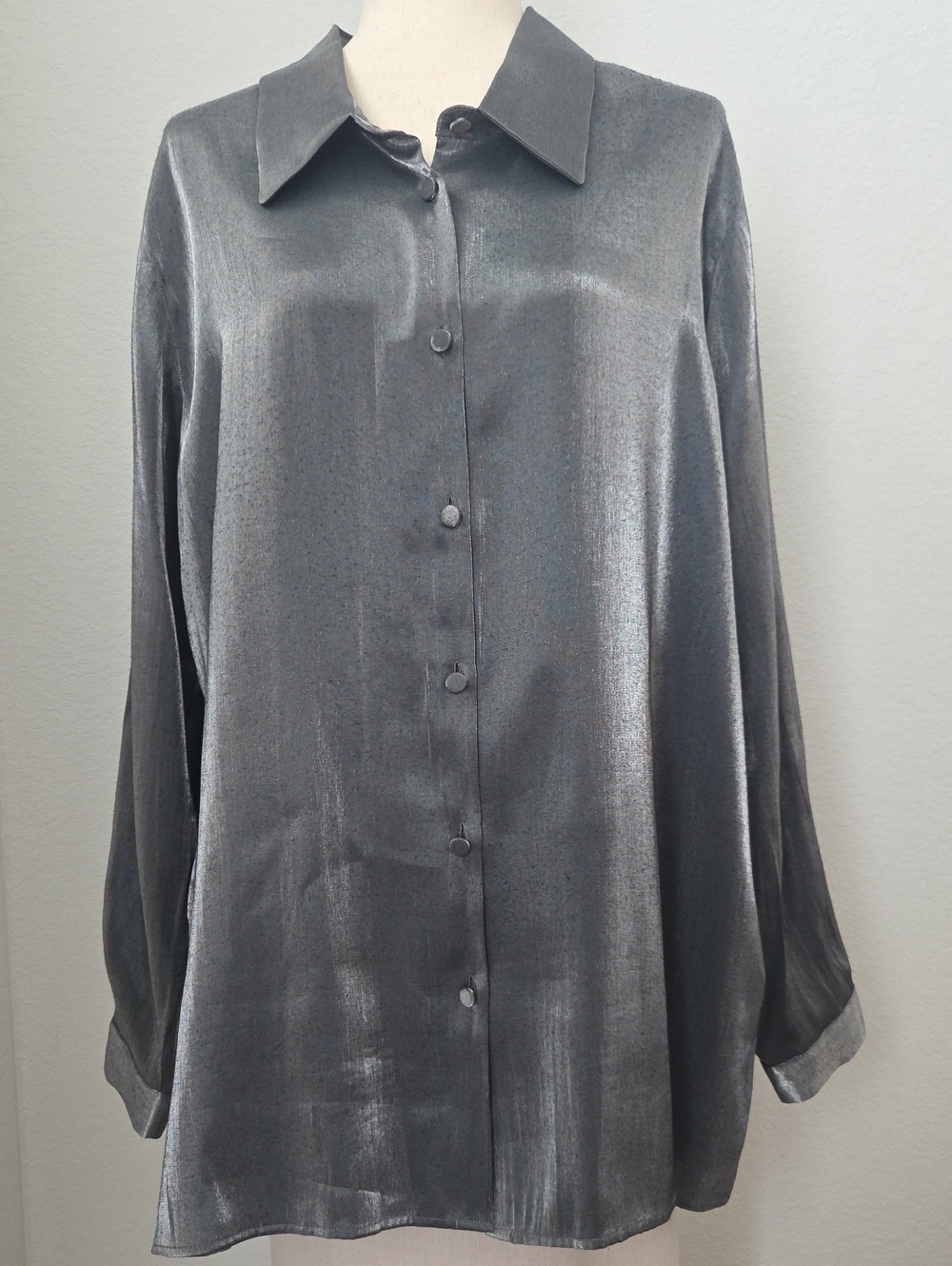 Vintage Women's Shimmery Shiny Gray Satin Silvertone Button-Up Blouse Over Shirt